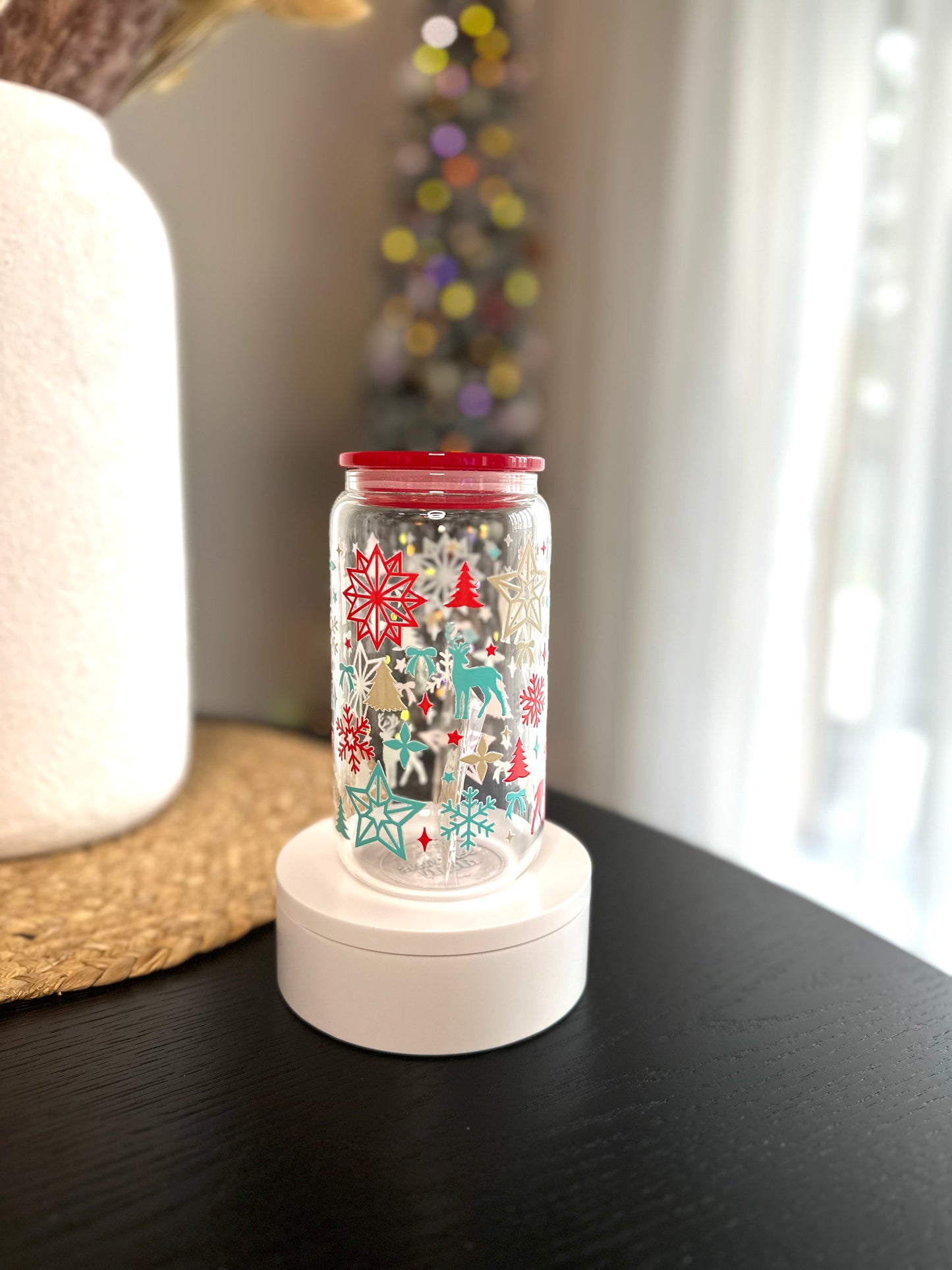 Modèle 16 oz - Cerfs turquoises et flocons rouges