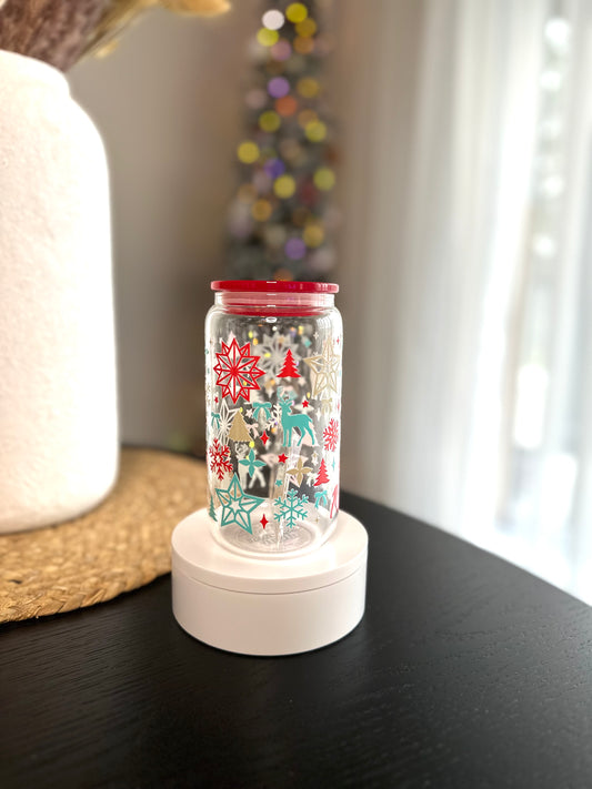 Modèle 16 oz - Cerfs turquoises et flocons rouges